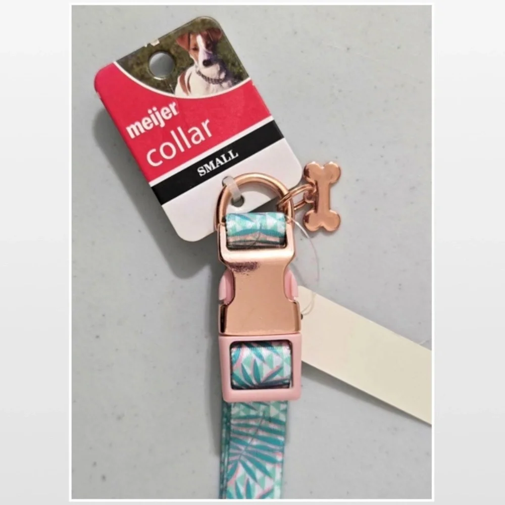 New Dog Collar Small Adjustable Pet Animal Green Tropical Leaves Pink NWT